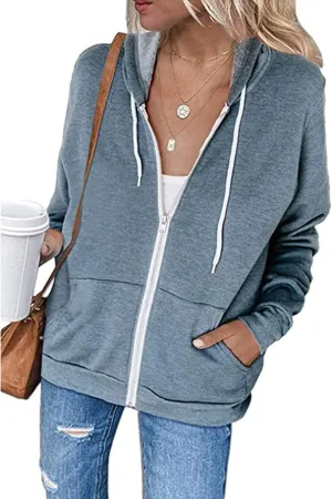 2023 Women's Casual Long Sleeve Sweatshirts Zip Up Zipper Hoodies Fashion Hooded Jackets with Pockets