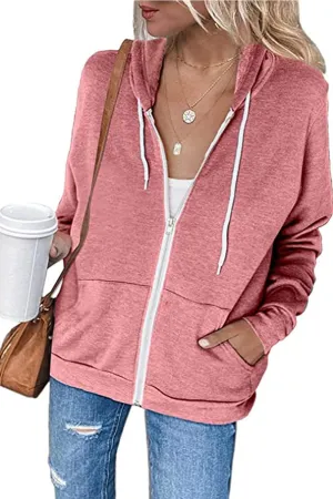 2023 Women's Casual Long Sleeve Sweatshirts Zip Up Zipper Hoodies Fashion Hooded Jackets with Pockets