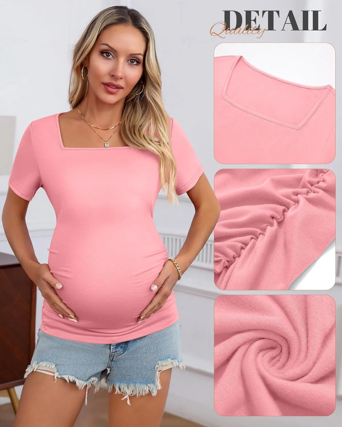 3 Pack Women's Maternity Shirts Square Neck Side Ruched Short Sleeve Maternity Tops Casual Knitted Pregnancy Tees