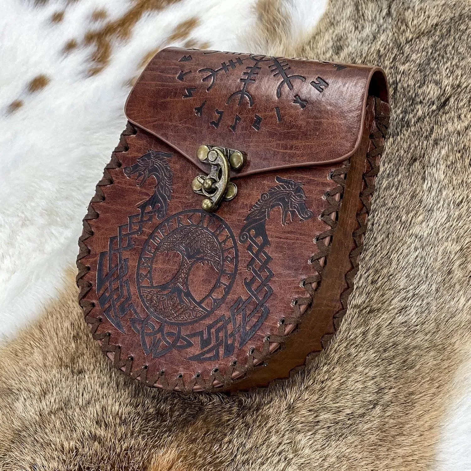 3 Pcs Halloween Renaissance Belt Pouch Coin Purse Phone Holder Skirt Hikes Medieval Viking Pirate Leather Belt Costume Sets (Brown-Dragon)