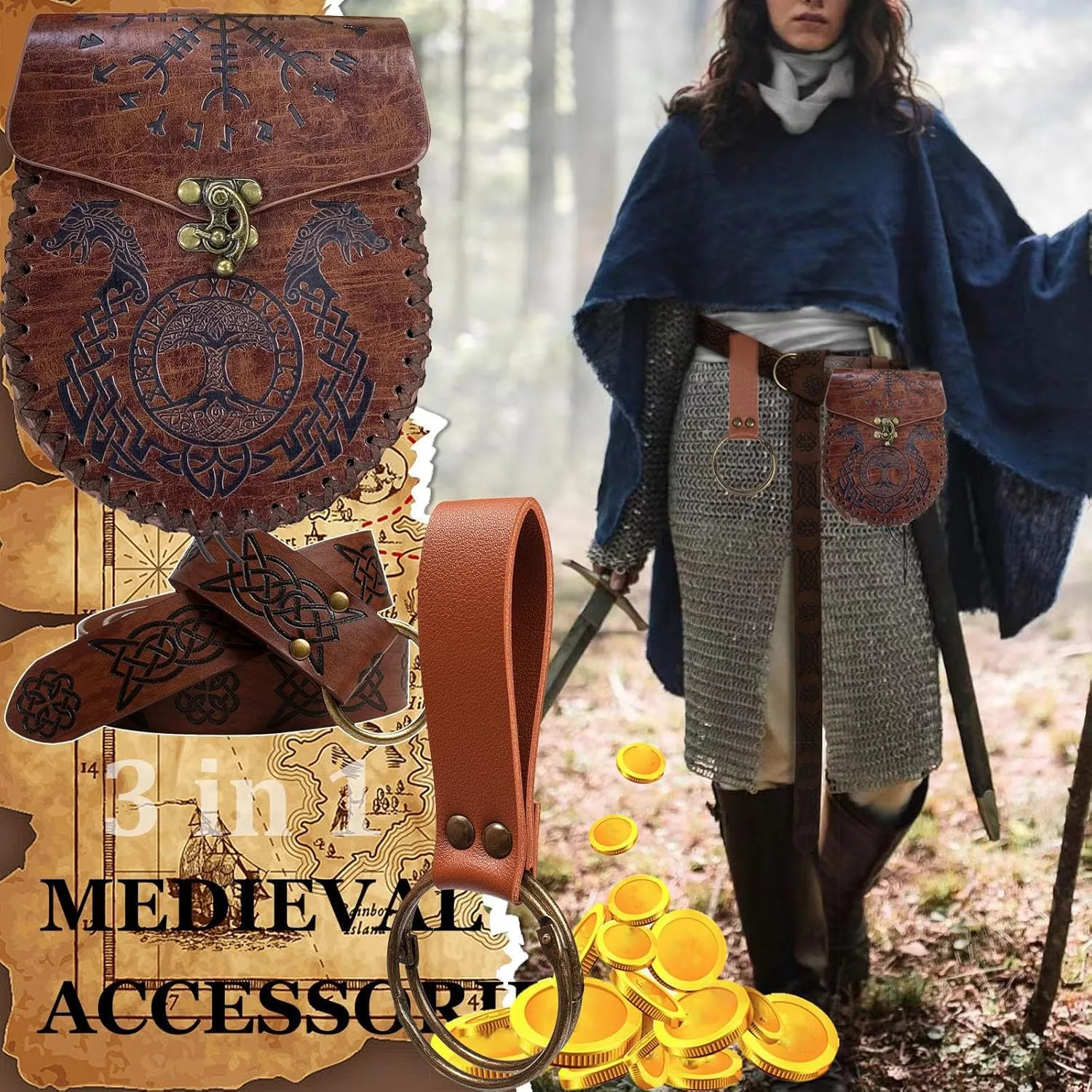 3 Pcs Halloween Renaissance Belt Pouch Coin Purse Phone Holder Skirt Hikes Medieval Viking Pirate Leather Belt Costume Sets (Brown-Dragon)