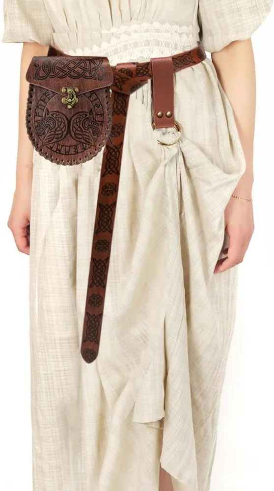 3 Pcs Halloween Renaissance Belt Pouch Coin Purse Phone Holder Skirt Hikes Medieval Viking Pirate Leather Belt Costume Sets (Brown-Dragon)
