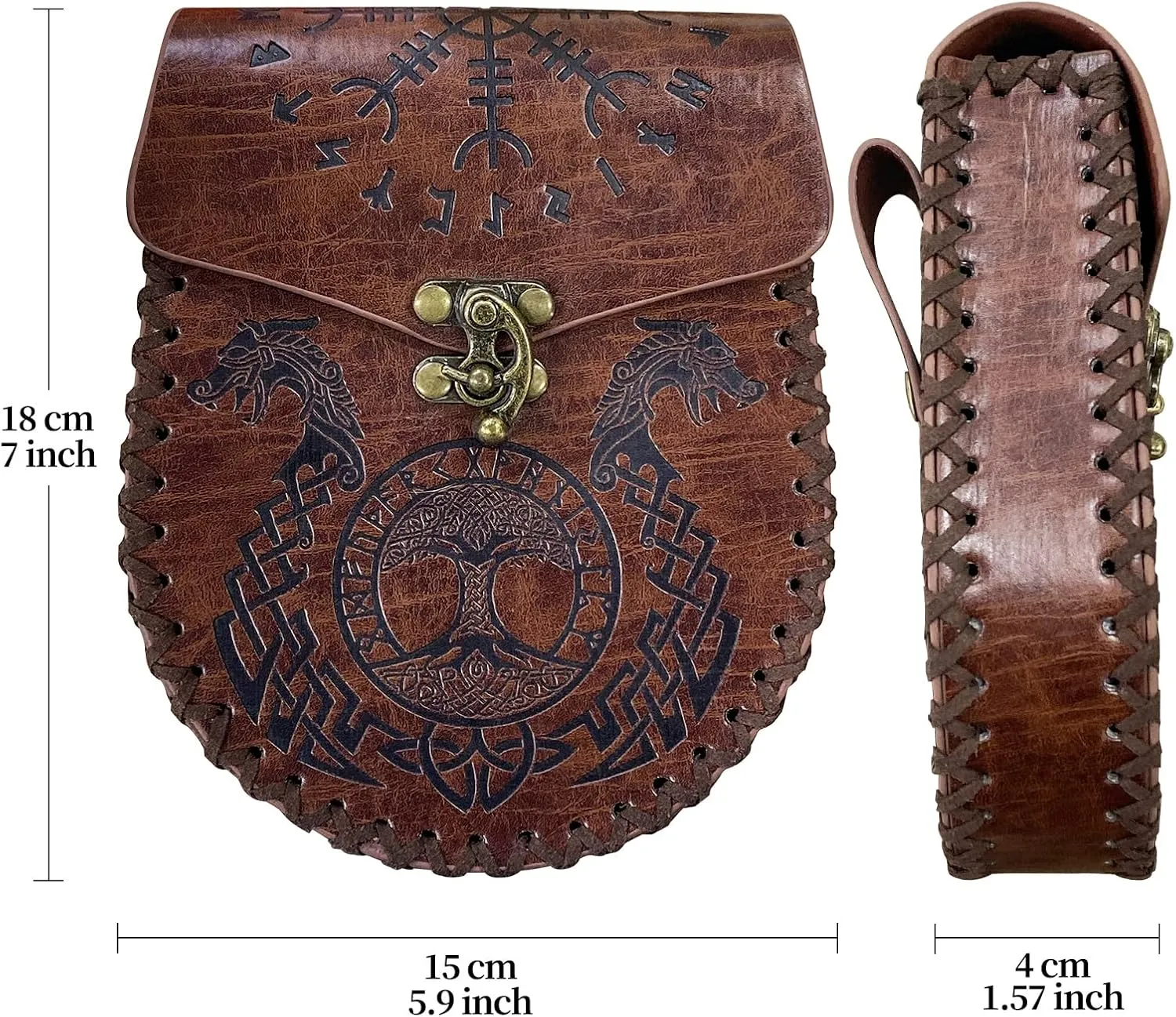 3 Pcs Halloween Renaissance Belt Pouch Coin Purse Phone Holder Skirt Hikes Medieval Viking Pirate Leather Belt Costume Sets (Brown-Dragon)