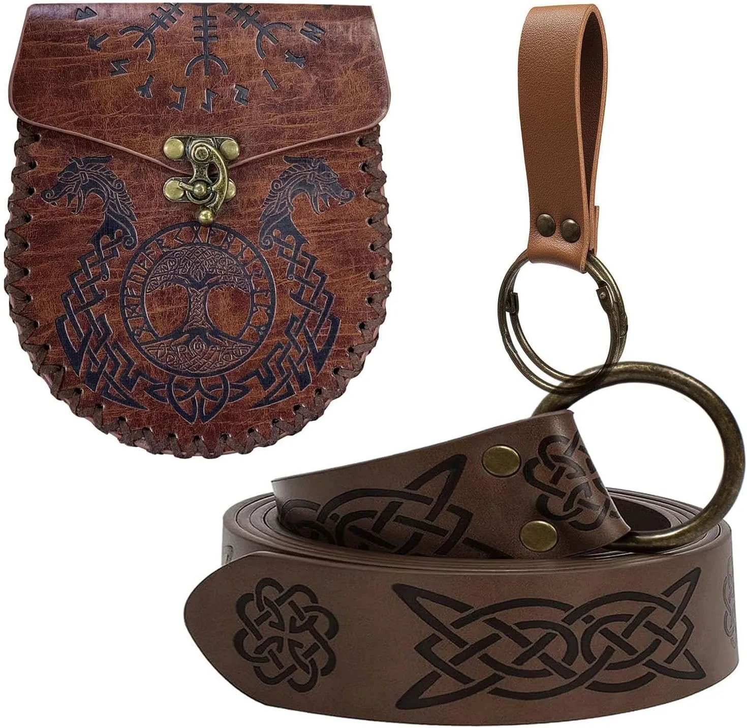 3 Pcs Halloween Renaissance Belt Pouch Coin Purse Phone Holder Skirt Hikes Medieval Viking Pirate Leather Belt Costume Sets (Brown-Dragon)