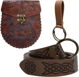 3 Pcs Halloween Renaissance Belt Pouch Coin Purse Phone Holder Skirt Hikes Medieval Viking Pirate Leather Belt Costume Sets (Brown-Dragon)