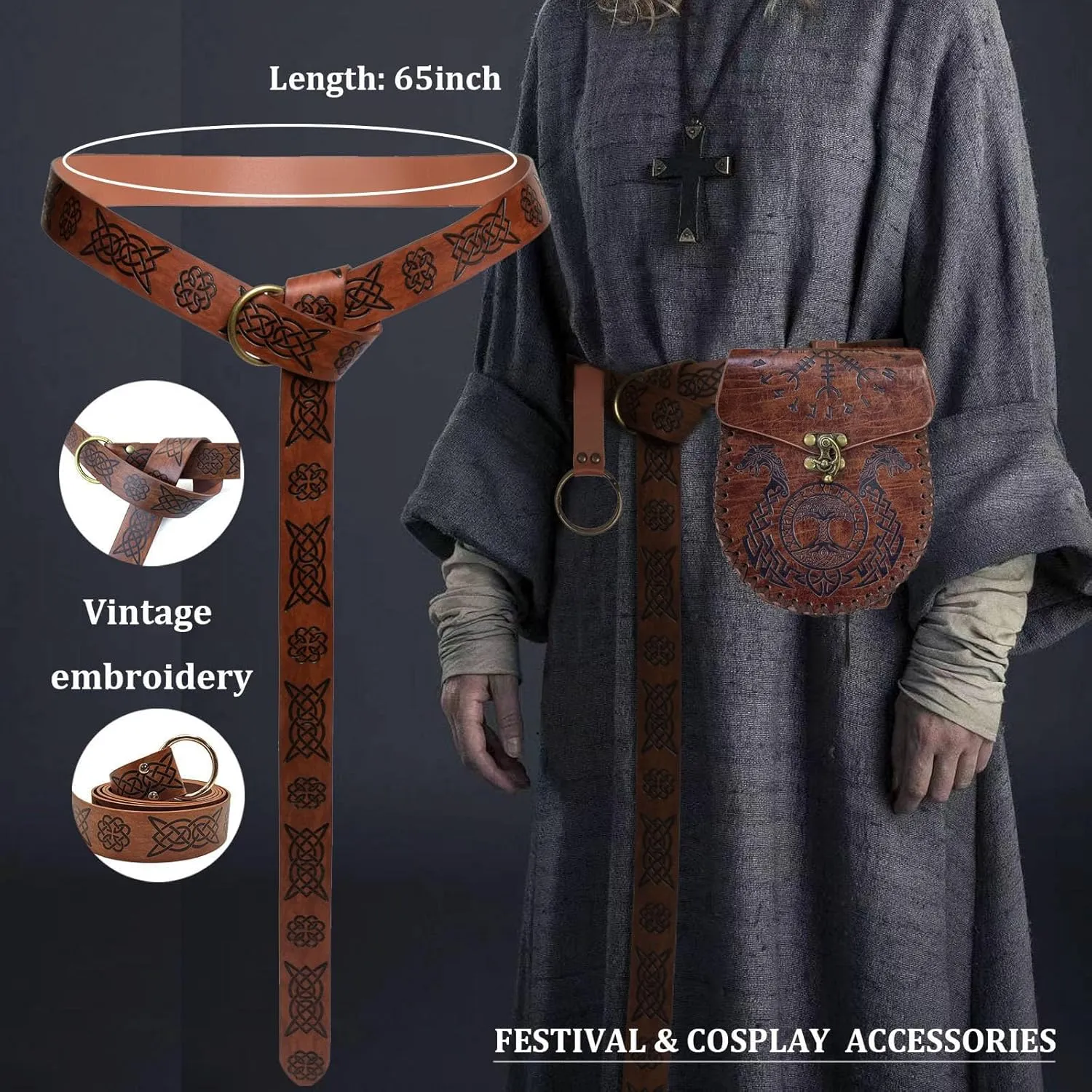 3 Pcs Halloween Renaissance Belt Pouch Coin Purse Phone Holder Skirt Hikes Medieval Viking Pirate Leather Belt Costume Sets (Brown-Dragon)