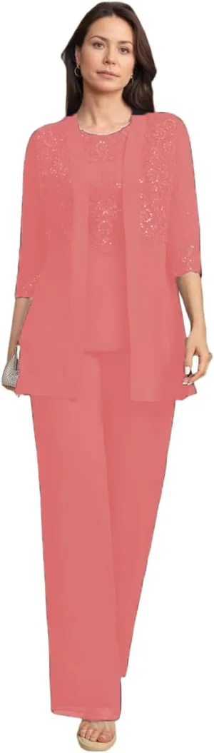 3 Pieces Mother of Bride Pant Suits with Jackets Laces Sequin Chiffon Mother of Groom Dresses