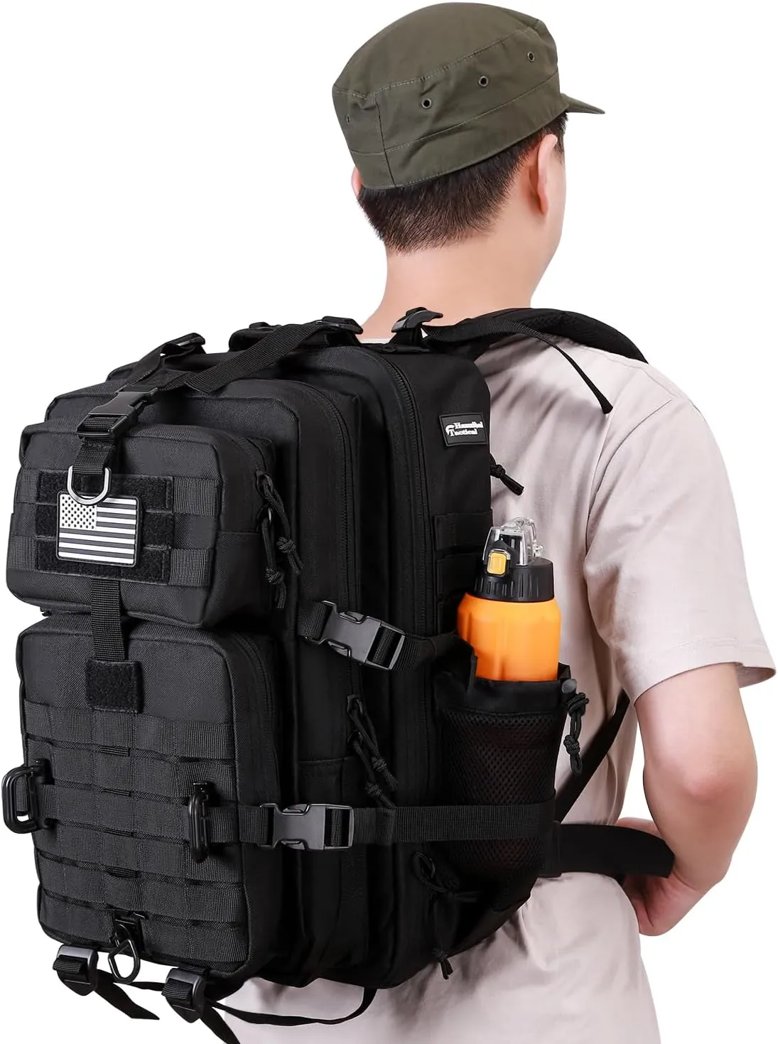 45L MOLLE Assault Backpack, Tactical Backpack Military Army Camping Rucksack with Bottle Holder, 3-Day Pack Trip w/USA Flag Patch, D-Rings, Black with Grey Patch
