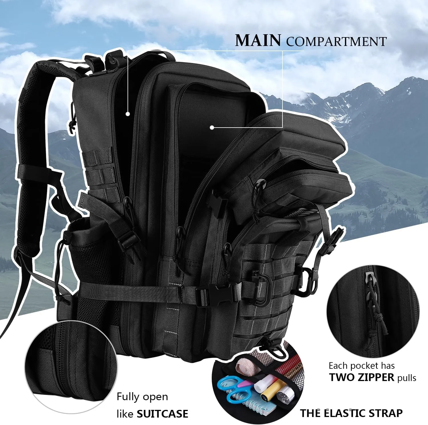 45L MOLLE Assault Backpack, Tactical Backpack Military Army Camping Rucksack with Bottle Holder, 3-Day Pack Trip w/USA Flag Patch, D-Rings, Black with Grey Patch