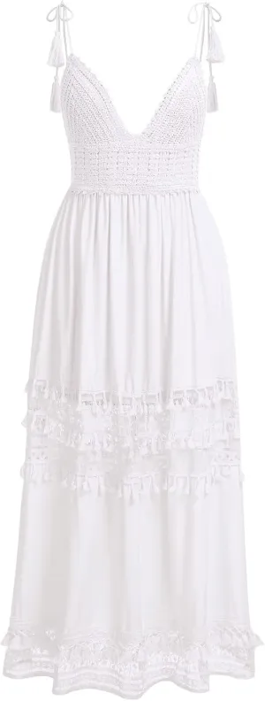 ABOCIW Women's Boho Maxi Dress Lace Up Tassel V-Neck Flare Ruffle Fringed Beach Summer Dresses