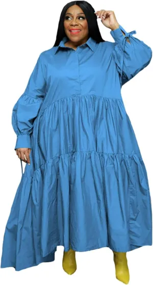 Adogirl Women's Plus Size Dress Fall Long Sleeve Button Down Ruffle Hem Bandage Oversized Loose Long Maxi Swing Dresses