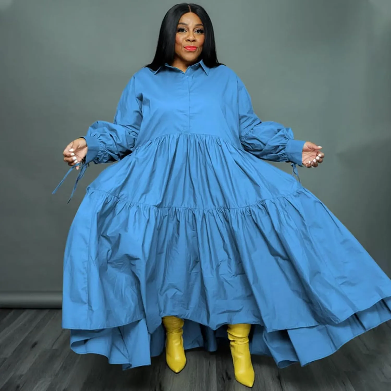 Adogirl Women's Plus Size Dress Fall Long Sleeve Button Down Ruffle Hem Bandage Oversized Loose Long Maxi Swing Dresses