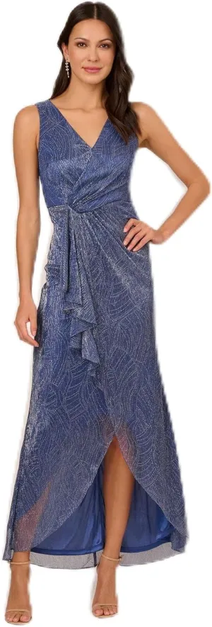 Adrianna Papell Women's Metallic Mesh Cascade Gown, Light Navy