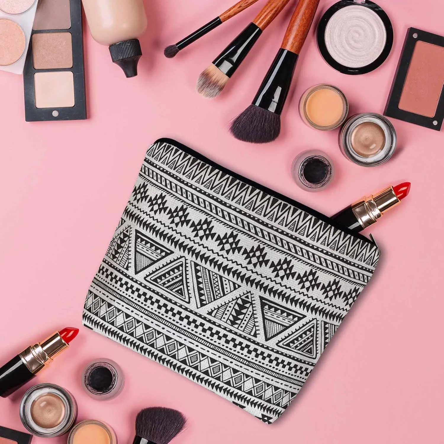 African Aztec Makeup Bags Makeup Organizer, Navajo Style Geometric Triangle Stripes Flax Toiletry Bags Travel Cosmetic Bag Makeup Purse Pouch Skincare Bag Wallet Bags For Women Black White
