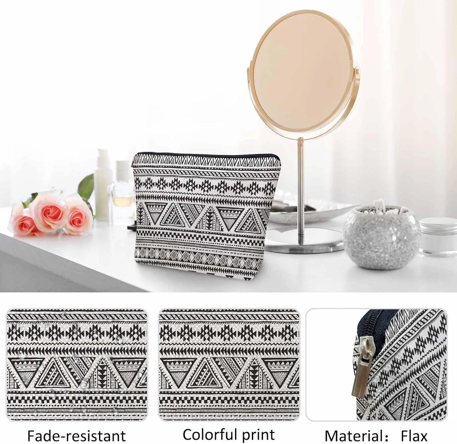 African Aztec Makeup Bags Makeup Organizer, Navajo Style Geometric Triangle Stripes Flax Toiletry Bags Travel Cosmetic Bag Makeup Purse Pouch Skincare Bag Wallet Bags For Women Black White