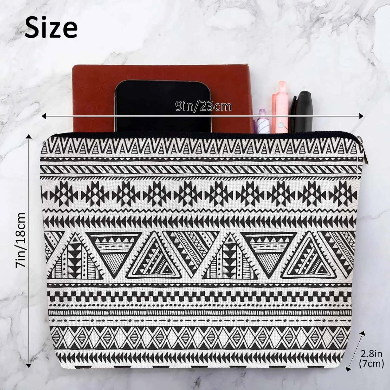 African Aztec Makeup Bags Makeup Organizer, Navajo Style Geometric Triangle Stripes Flax Toiletry Bags Travel Cosmetic Bag Makeup Purse Pouch Skincare Bag Wallet Bags For Women Black White
