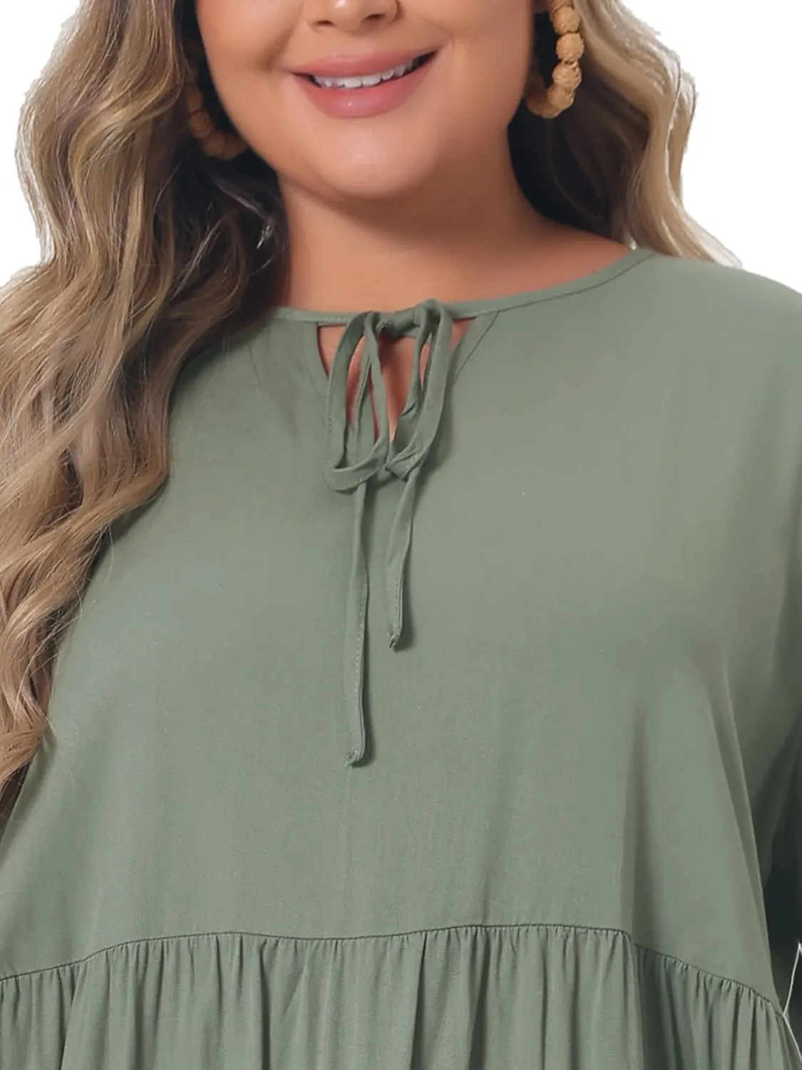 Agnes Orinda Plus Size Summer Dress for Womens Tie Neck Lace Sleeve Casual Ruffle Midi Flowy Dresses