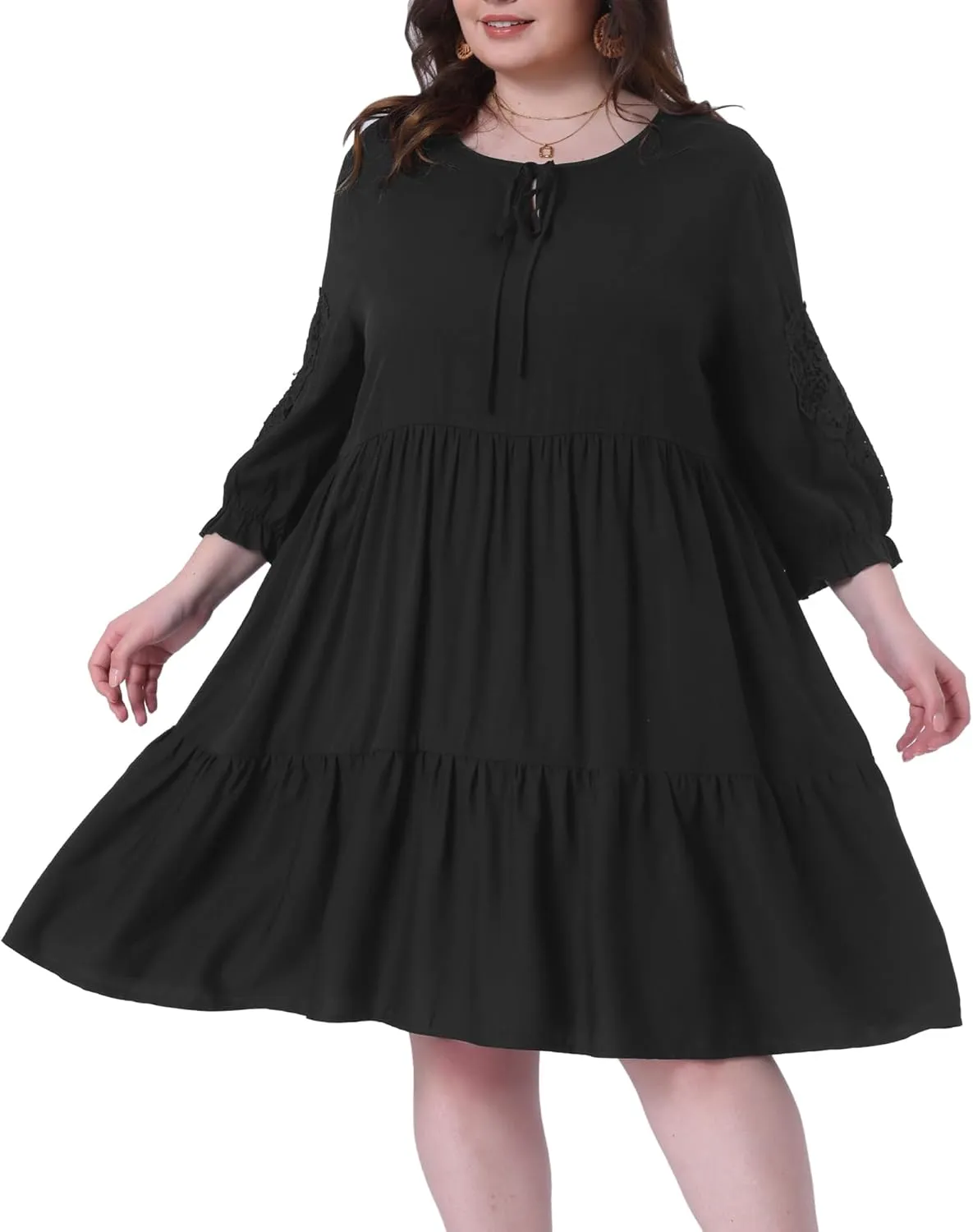 Agnes Orinda Plus Size Summer Dress for Womens Tie Neck Lace Sleeve Casual Ruffle Midi Flowy Dresses