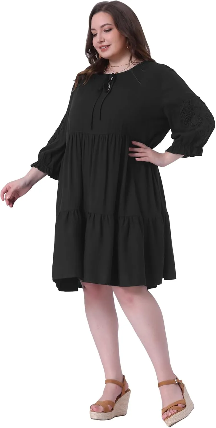 Agnes Orinda Plus Size Summer Dress for Womens Tie Neck Lace Sleeve Casual Ruffle Midi Flowy Dresses
