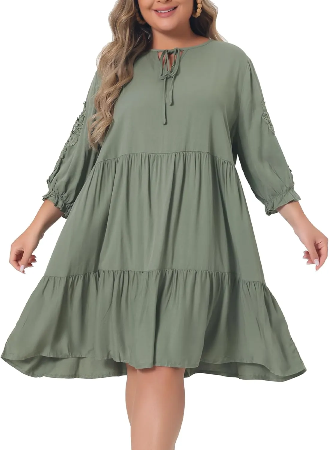 Agnes Orinda Plus Size Summer Dress for Womens Tie Neck Lace Sleeve Casual Ruffle Midi Flowy Dresses