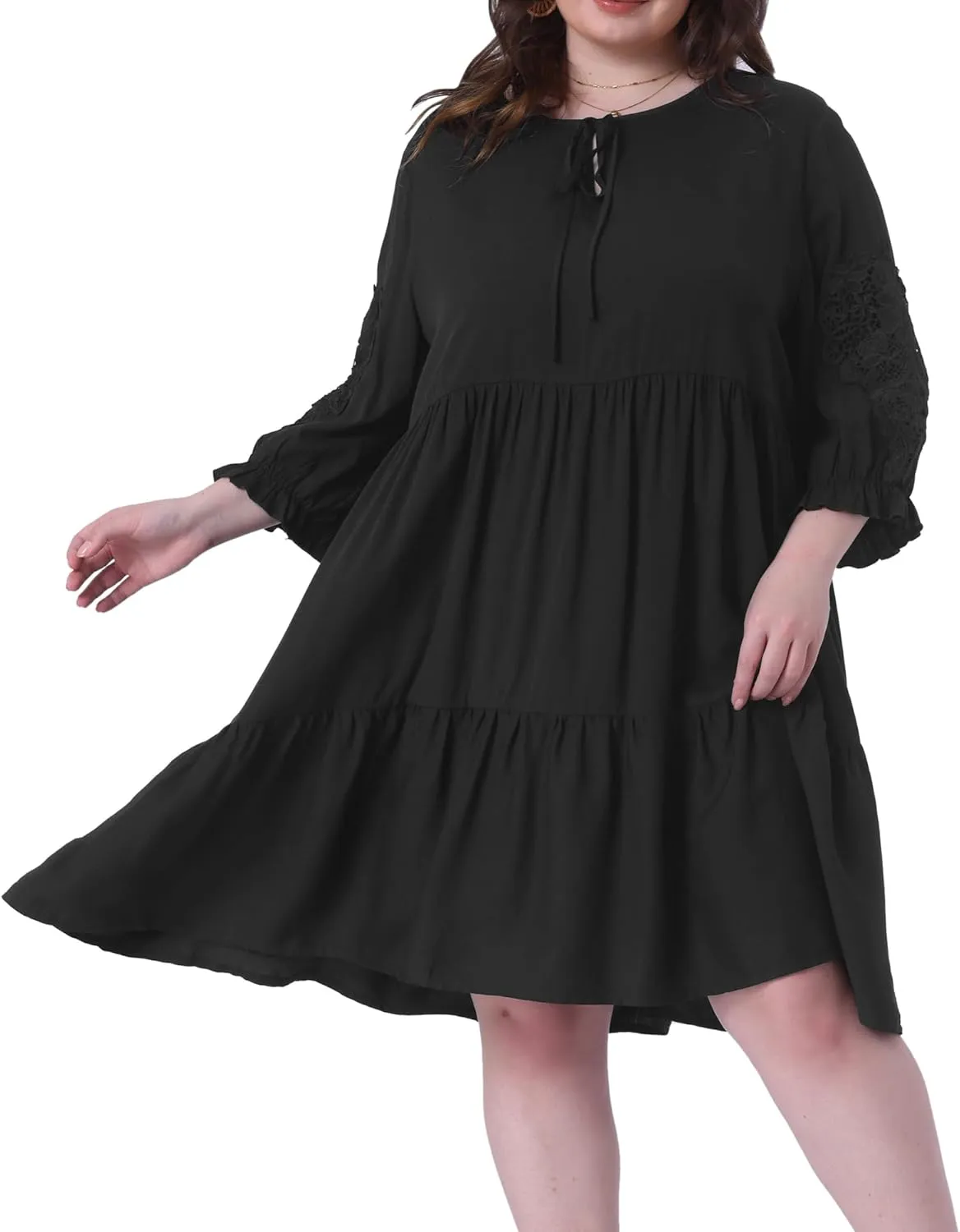 Agnes Orinda Plus Size Summer Dress for Womens Tie Neck Lace Sleeve Casual Ruffle Midi Flowy Dresses