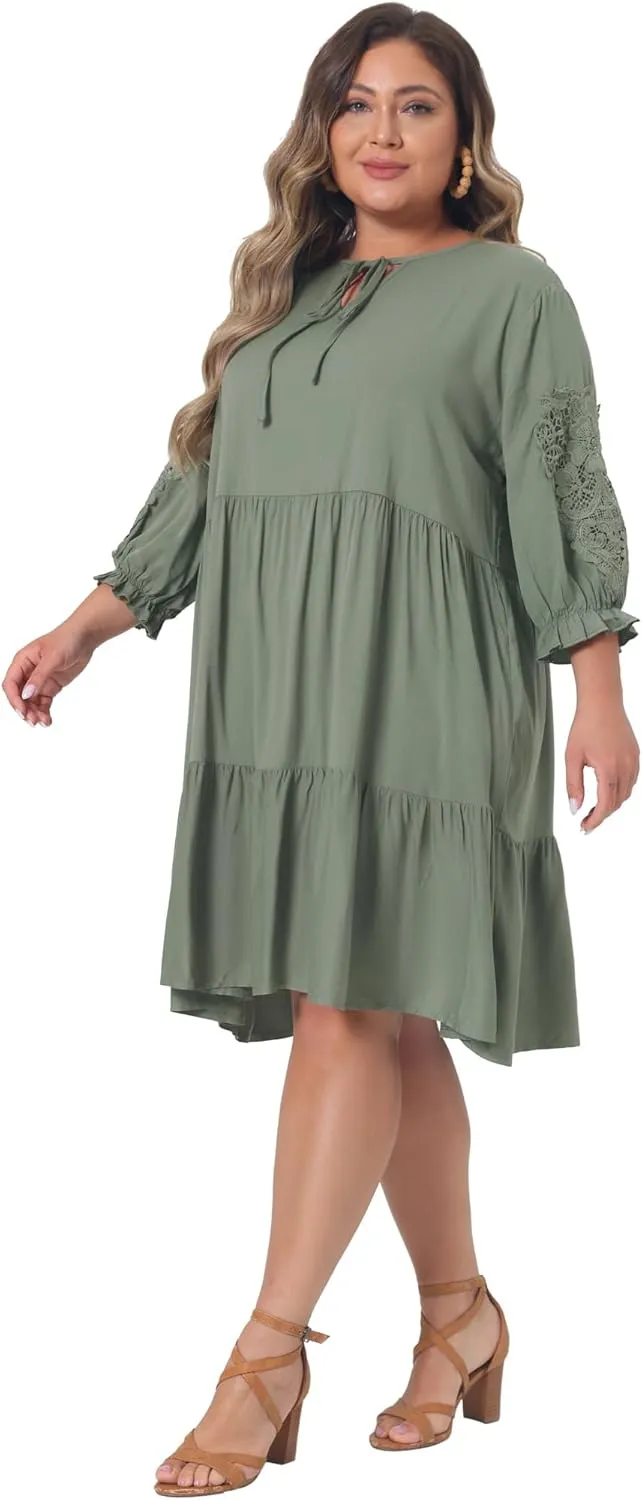 Agnes Orinda Plus Size Summer Dress for Womens Tie Neck Lace Sleeve Casual Ruffle Midi Flowy Dresses