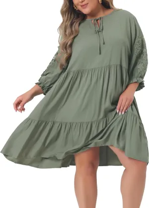 Agnes Orinda Plus Size Summer Dress for Womens Tie Neck Lace Sleeve Casual Ruffle Midi Flowy Dresses