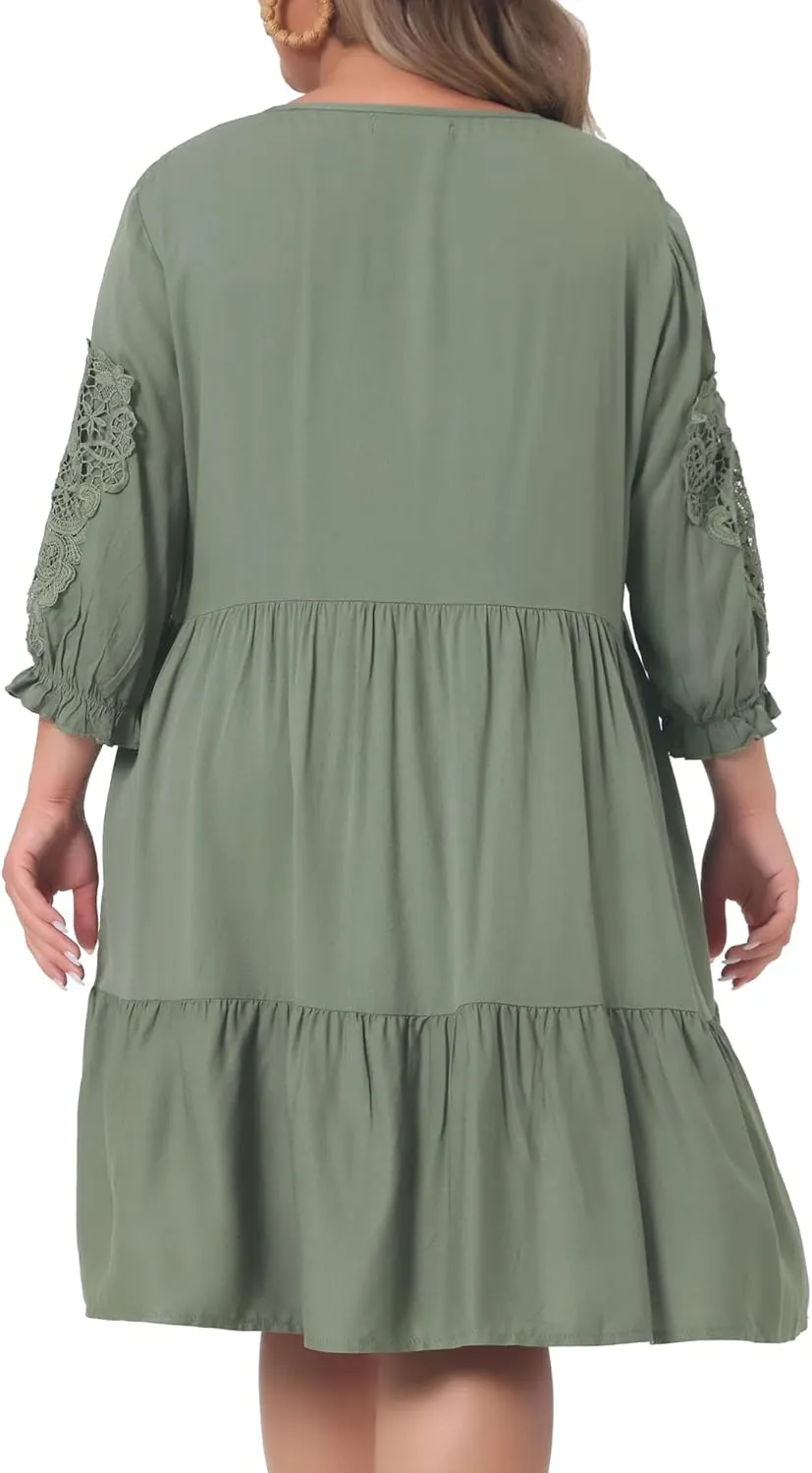 Agnes Orinda Plus Size Summer Dress for Womens Tie Neck Lace Sleeve Casual Ruffle Midi Flowy Dresses