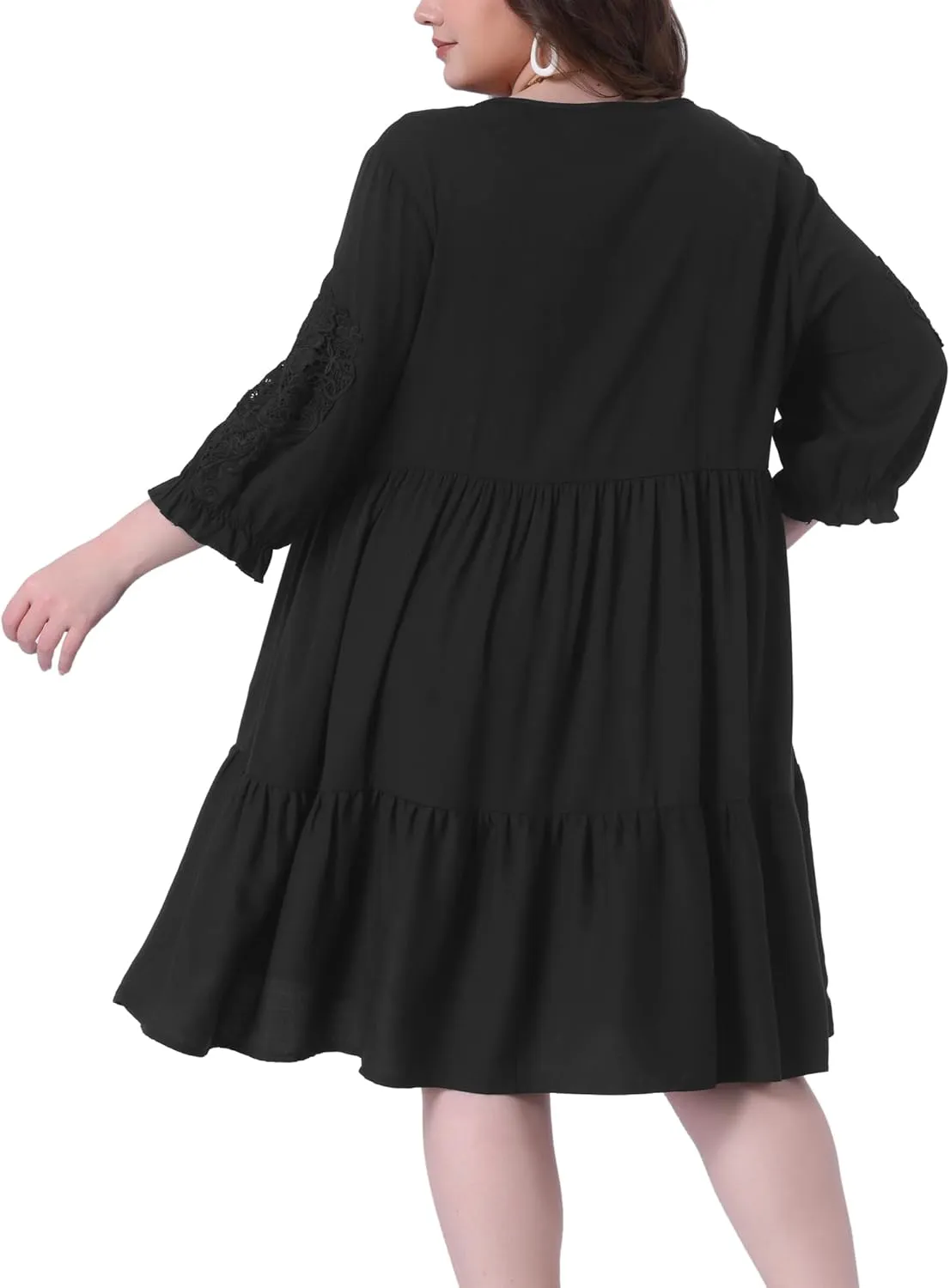 Agnes Orinda Plus Size Summer Dress for Womens Tie Neck Lace Sleeve Casual Ruffle Midi Flowy Dresses