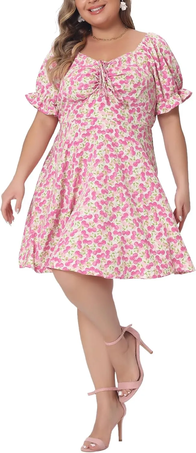 Agnes Orinda Plus Size Summer Dresses for Women Sweetheart Neck Puff Short Sleeve Tie Swing A Line Midi Floral Dress