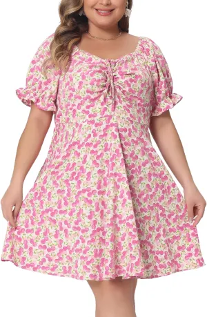 Agnes Orinda Plus Size Summer Dresses for Women Sweetheart Neck Puff Short Sleeve Tie Swing A Line Midi Floral Dress
