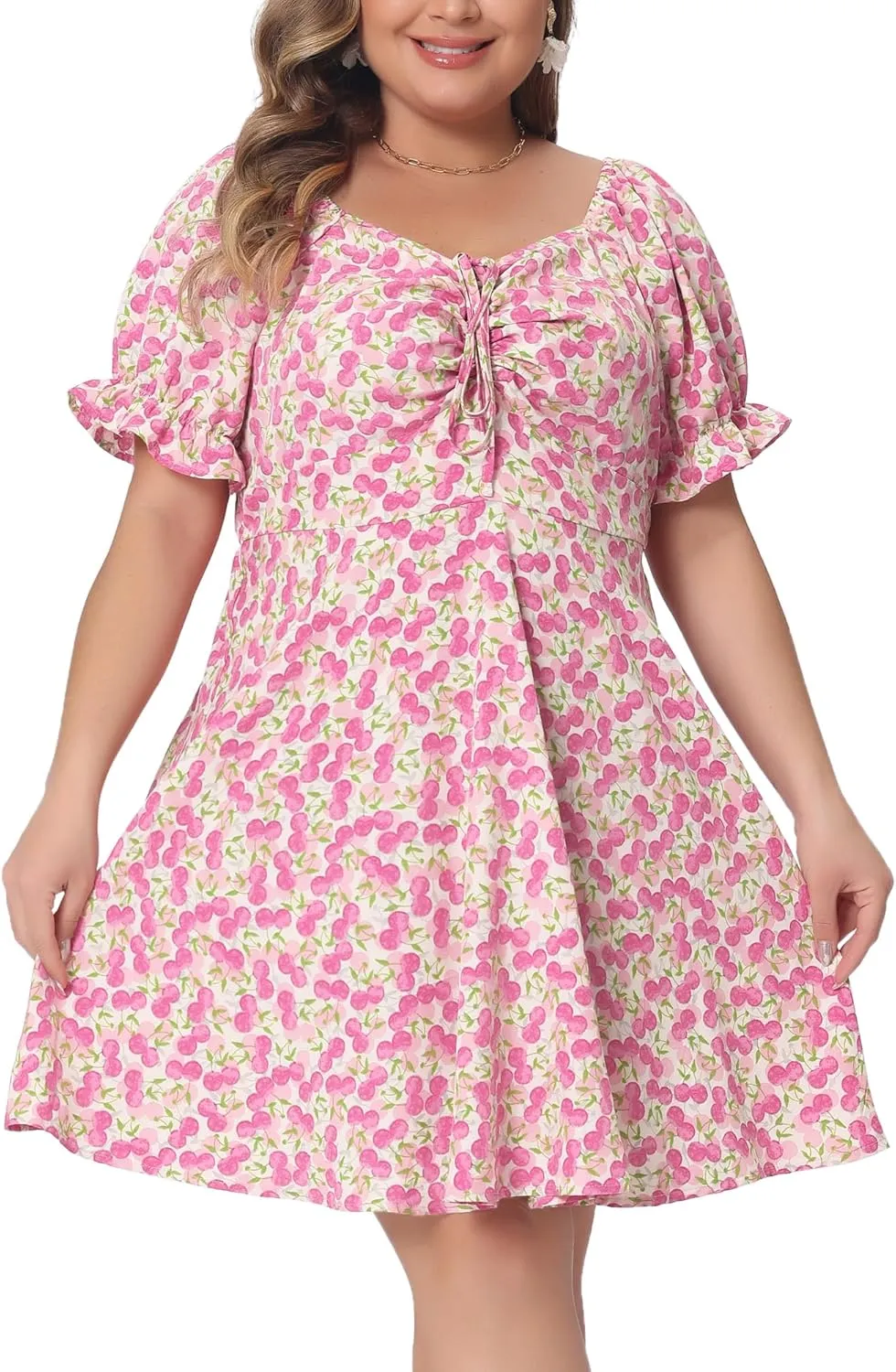 Agnes Orinda Plus Size Summer Dresses for Women Sweetheart Neck Puff Short Sleeve Tie Swing A Line Midi Floral Dress