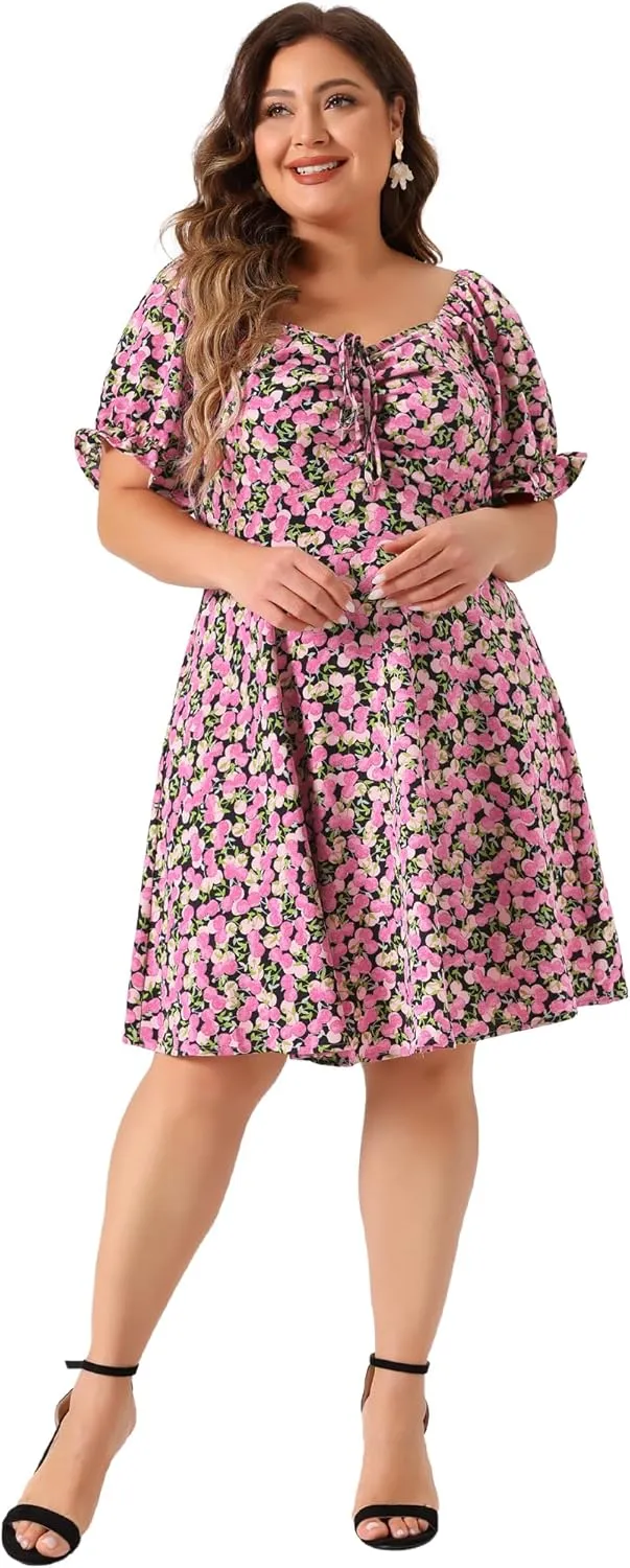 Agnes Orinda Plus Size Summer Dresses for Women Sweetheart Neck Puff Short Sleeve Tie Swing A Line Midi Floral Dress