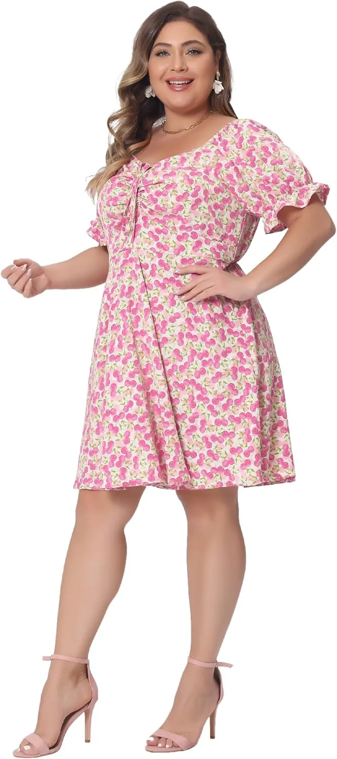 Agnes Orinda Plus Size Summer Dresses for Women Sweetheart Neck Puff Short Sleeve Tie Swing A Line Midi Floral Dress
