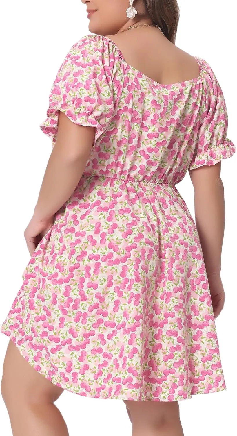 Agnes Orinda Plus Size Summer Dresses for Women Sweetheart Neck Puff Short Sleeve Tie Swing A Line Midi Floral Dress