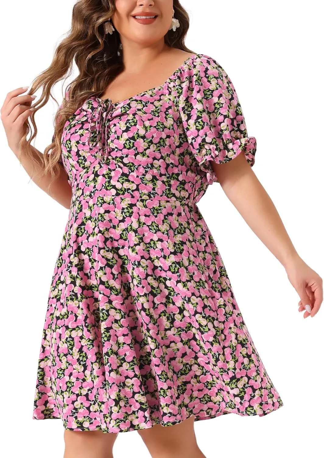 Agnes Orinda Plus Size Summer Dresses for Women Sweetheart Neck Puff Short Sleeve Tie Swing A Line Midi Floral Dress