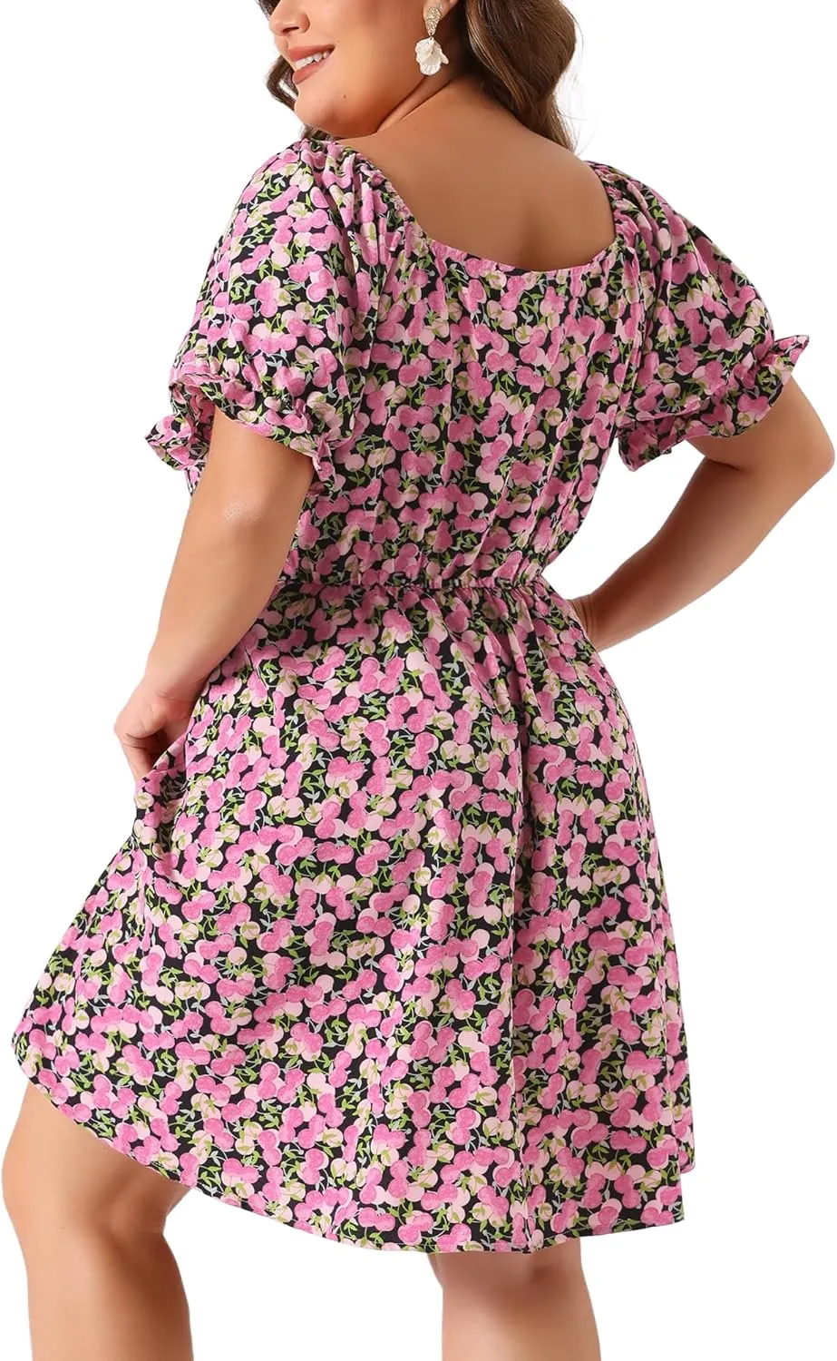 Agnes Orinda Plus Size Summer Dresses for Women Sweetheart Neck Puff Short Sleeve Tie Swing A Line Midi Floral Dress
