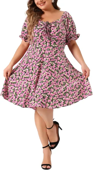 Agnes Orinda Plus Size Summer Dresses for Women Sweetheart Neck Puff Short Sleeve Tie Swing A Line Midi Floral Dress
