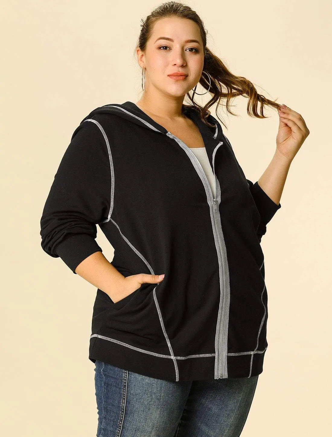 Agnes Orinda Women's Plus Size Jacket Zip Front Long Sleeve with Pockets 2024 Hoodie Jackets