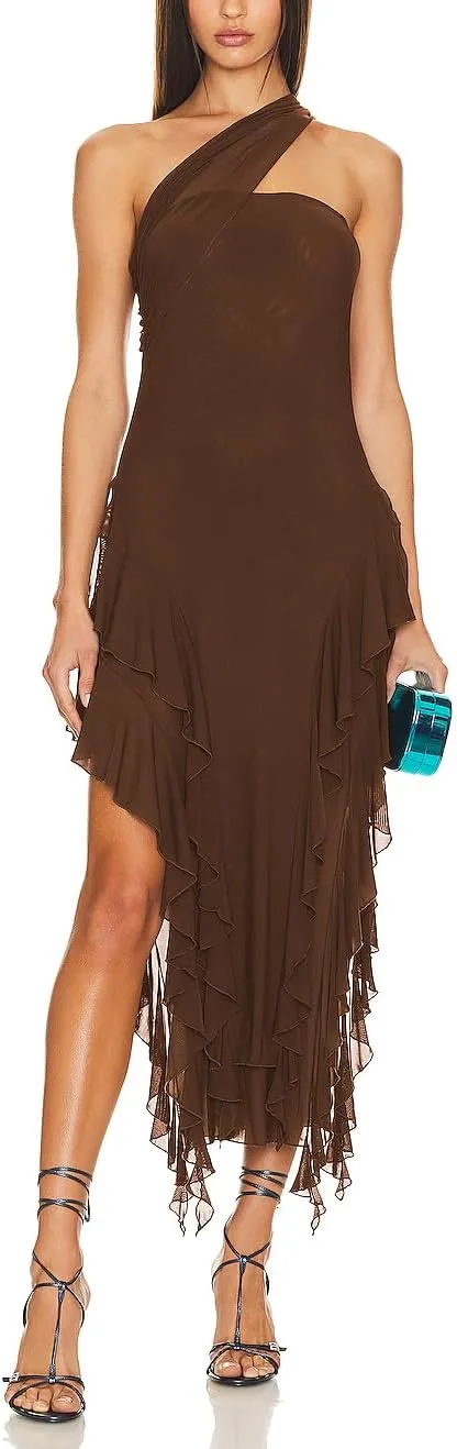 ALENDA DANMOS Womens Sleeveless One Shoulder Halter Straps Maxi Dress Irregular Mesh Ruffles Hem Cocktail Party Dress 369