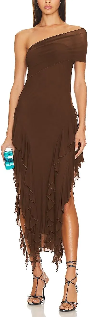 ALENDA DANMOS Womens Sleeveless One Shoulder Halter Straps Maxi Dress Irregular Mesh Ruffles Hem Cocktail Party Dress 369