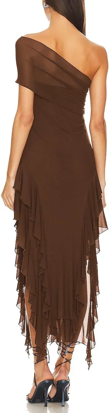 ALENDA DANMOS Womens Sleeveless One Shoulder Halter Straps Maxi Dress Irregular Mesh Ruffles Hem Cocktail Party Dress 369