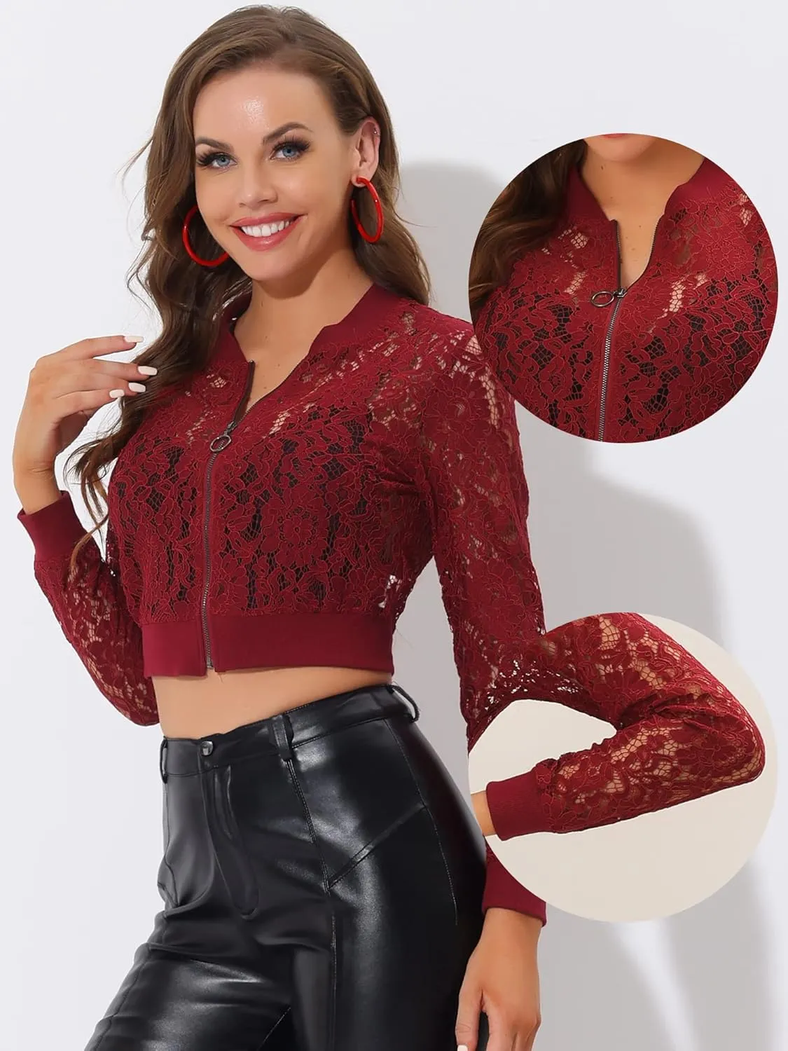 Allegra K Cropped Jackets for Women's Stand Collar Zip Up Mesh Sheer Lace Bomber Jacket
