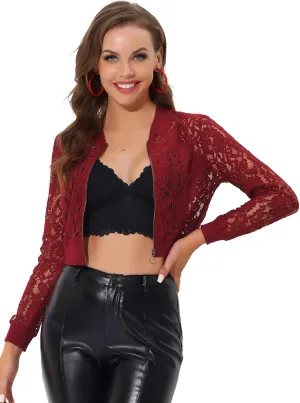 Allegra K Cropped Jackets for Women's Stand Collar Zip Up Mesh Sheer Lace Bomber Jacket