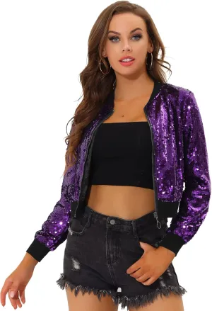 Allegra K Women Halloween Sequin Jackets 2025 Fall Glitter Shiny Party Sparkly Bomber Jacket