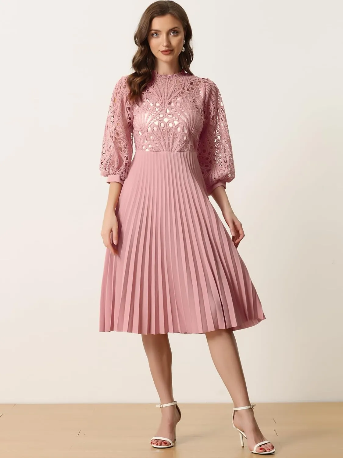 Allegra K Women's Elegant Lace Crochet Lantern Sleeves Belt Loose Pleated Midi Dress