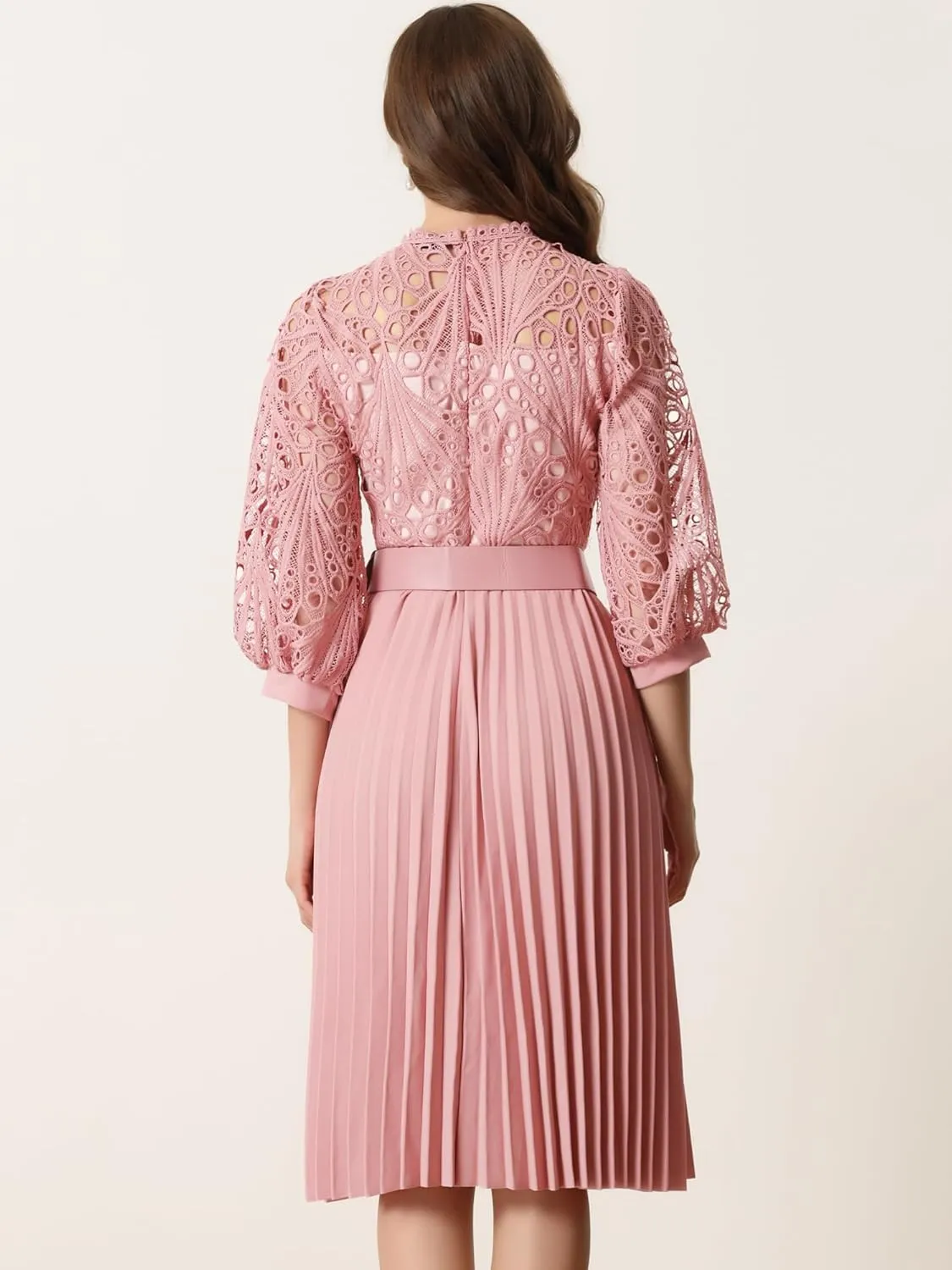 Allegra K Women's Elegant Lace Crochet Lantern Sleeves Belt Loose Pleated Midi Dress