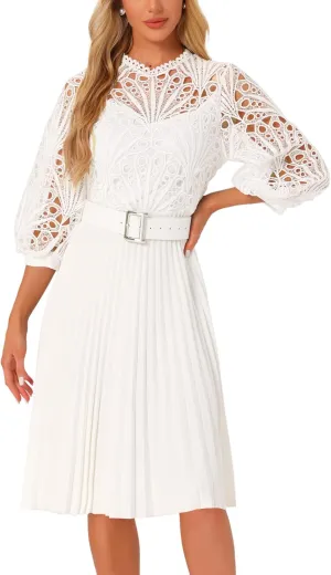 Allegra K Women's Elegant Lace Crochet Lantern Sleeves Belt Loose Pleated Midi Dress