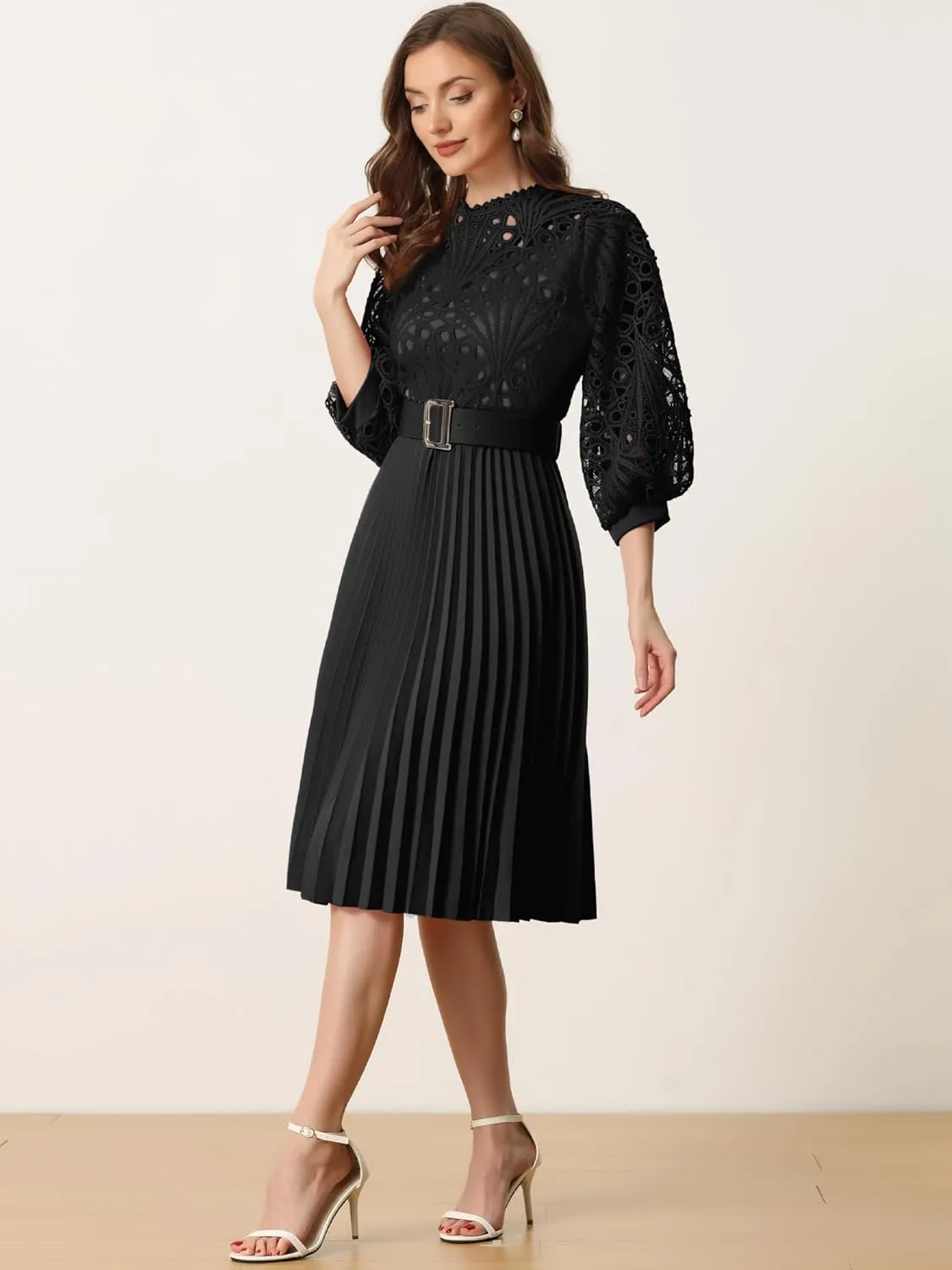 Allegra K Women's Elegant Lace Crochet Lantern Sleeves Belt Loose Pleated Midi Dress