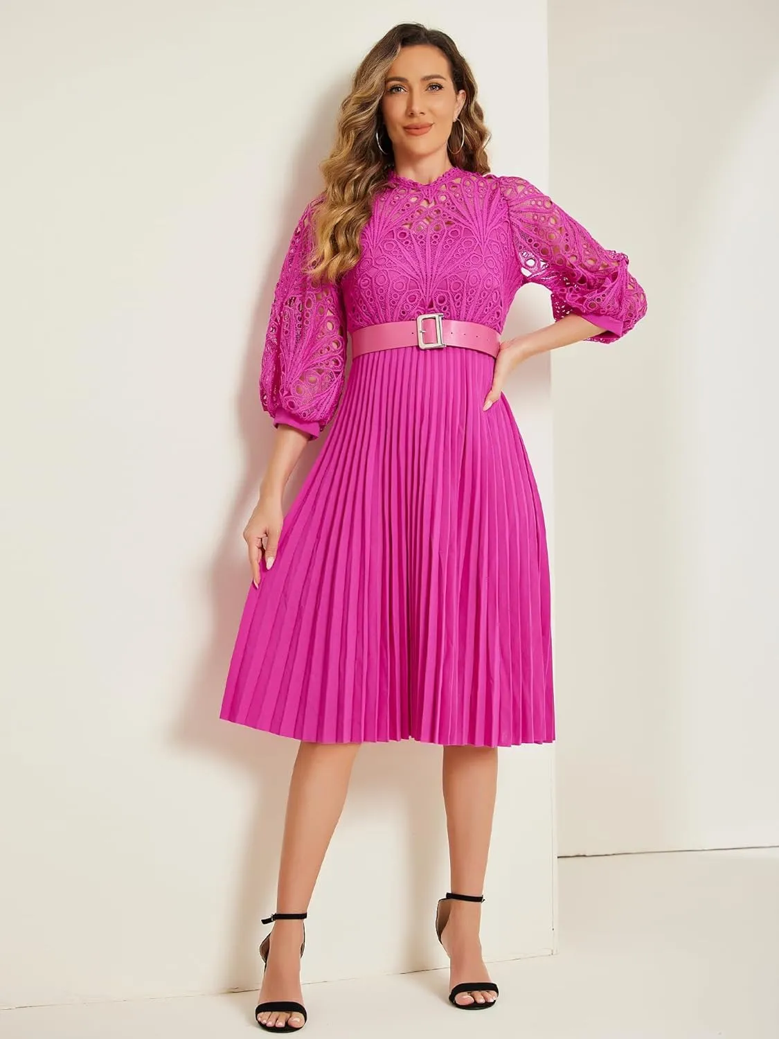 Allegra K Women's Elegant Lace Crochet Lantern Sleeves Belt Loose Pleated Midi Dress